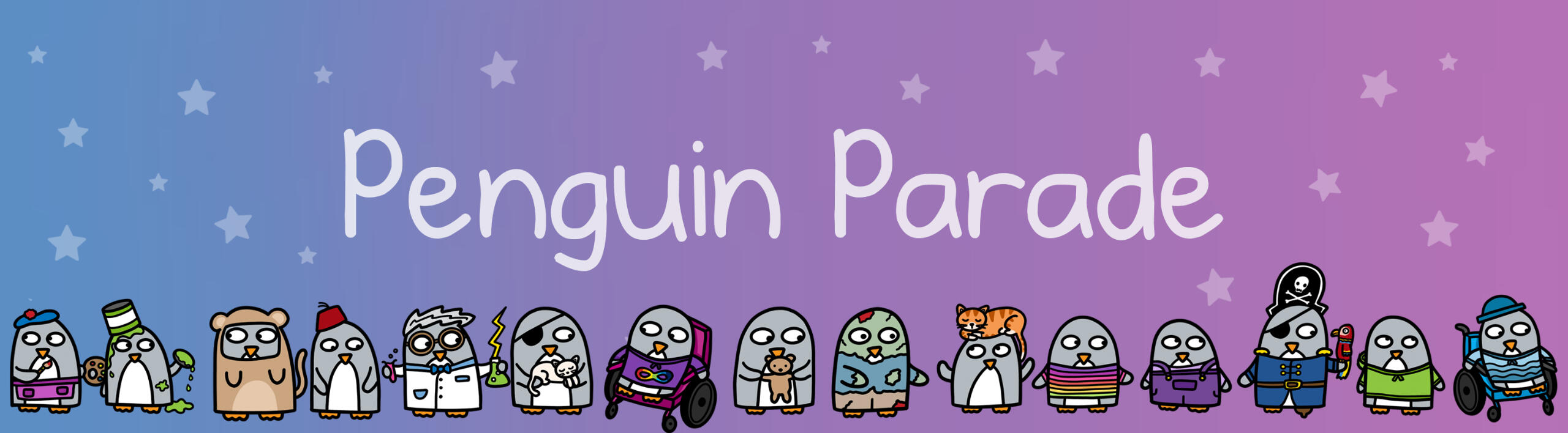 Banner image with a group of cartoon penguins and the text 'Penguin Parade, Ruth Mutch - Illustrator'